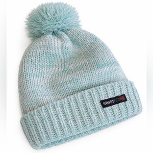 Swiss Tech Beanie hat aqua flannel lined knit pom pom
